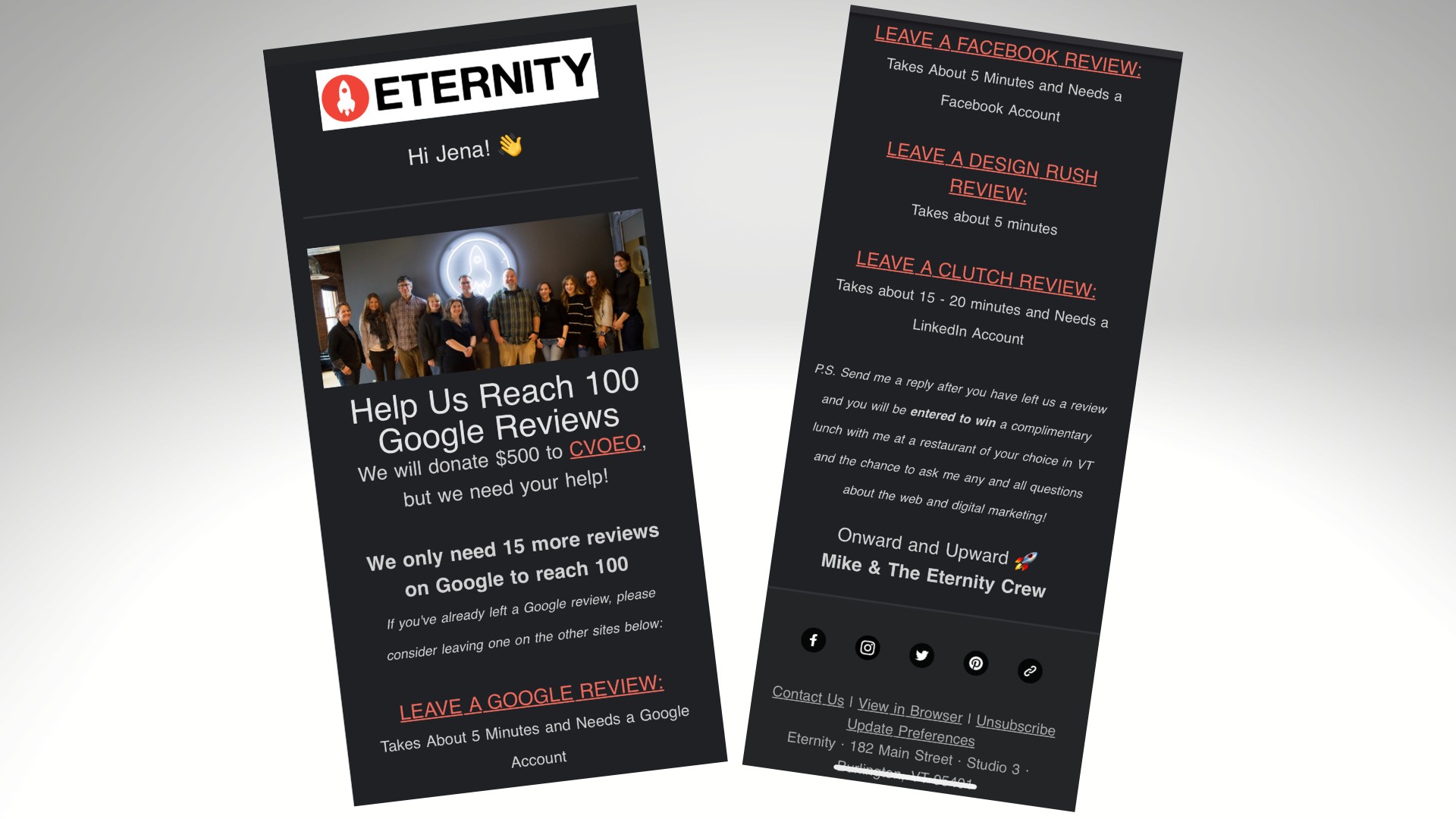an email sent from Eternity asking recipients to review their business on various review platforms